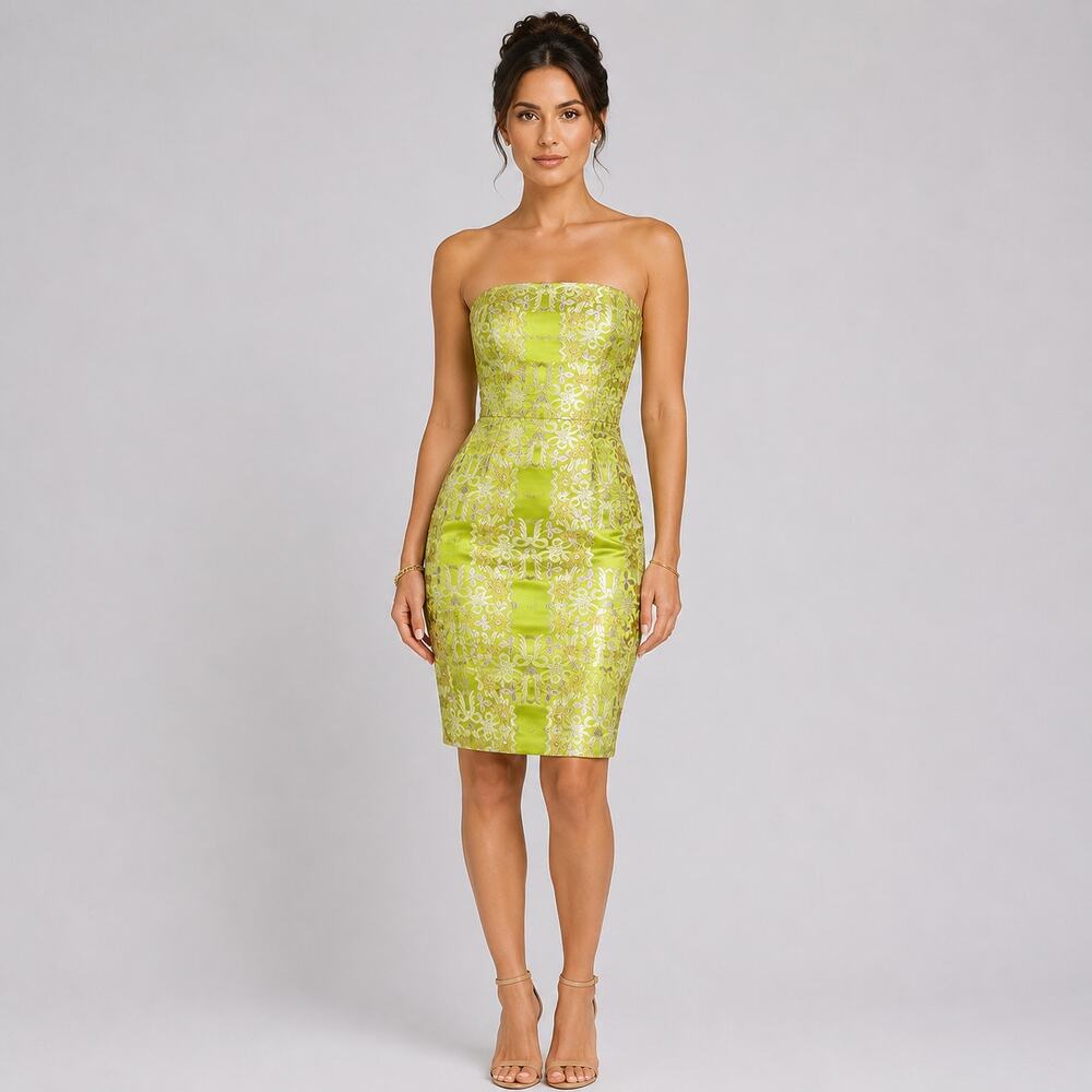 David Meister Chartreuse Strapless Dress Pretty Brocade Glamcore Size 6 EUC